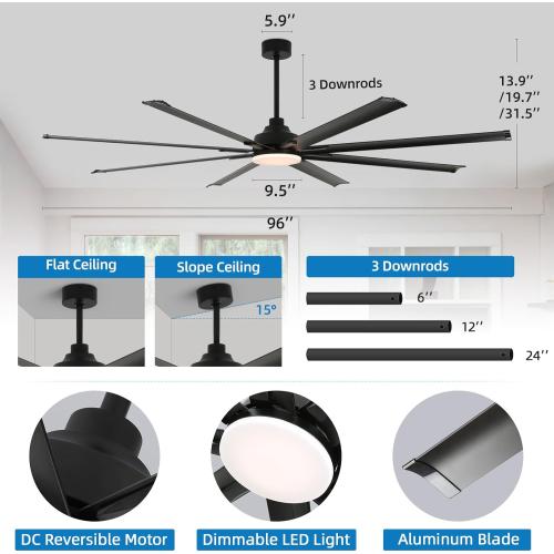96 Inch Industrial Ceiling Fan with Light and Remote Control，Large Ceiling Fans with 8 Reversible Aluminum Blades, 3CCT, 6-Speed,Commercial Ceiling Fan for Porch/Garage/Shop