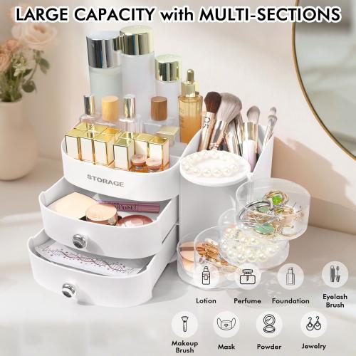 Makeup Organizer Countertop with Drawers, Make up Organizers for Vanity, Skincare Jewelry Earring Organizers, Cosmetic Display Cases Makeup Storage for Bedroom & Bathroom, Ideal Gifts for Women(White)
