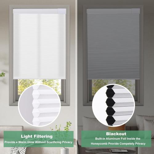 WHITE No Drill Cellular Shades for Indoor Windows, Thermal Insulating & Noise Reducing Honeycomb Blinds, Free Stop Cordless Blackout Shades, White, 25 1/2 W x 64 H
