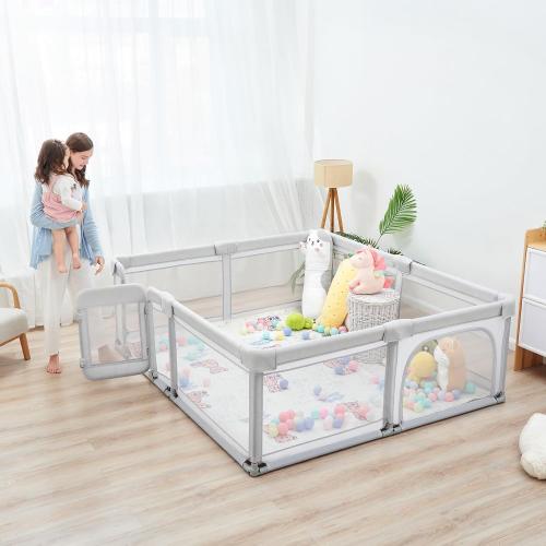 Sweeby Foldable Baby Playpen, Baby Gate Playpens for Babies and Toddlers 79x71 Extra Large Play Yard with Door Fence with Mat and Indoor Play Pen,Light Grey