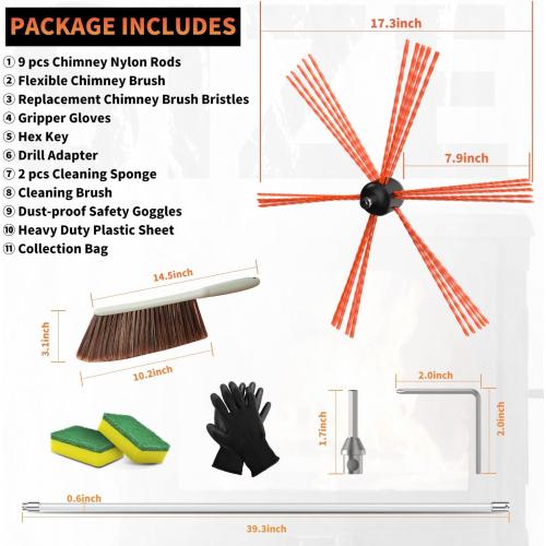 Sealegend 30 Feet Chimney Sweep Kit Chimney Brush, Chimney Cleaning Kit and Rotary Chimney Cleaning System, Fireplace Brush Tool with 9 Nylon Flexible Rods
