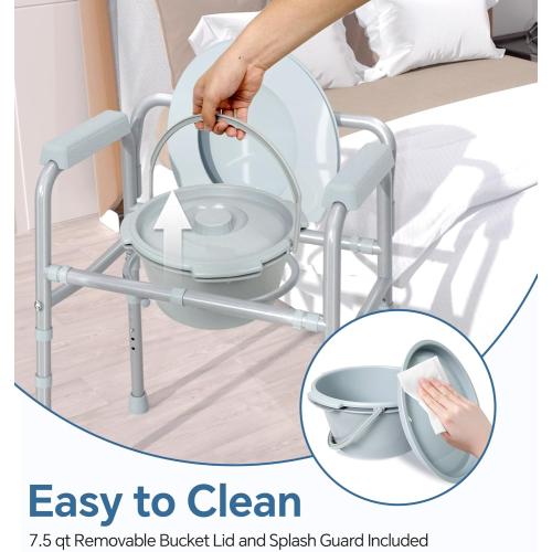 3-in-1 Bedside Commode with Sturdy Dual-Crossbar Support Construction, Stable Commode Chair with 7.5Qt Bucket, 350 Lbs Weight Capacity, Grey