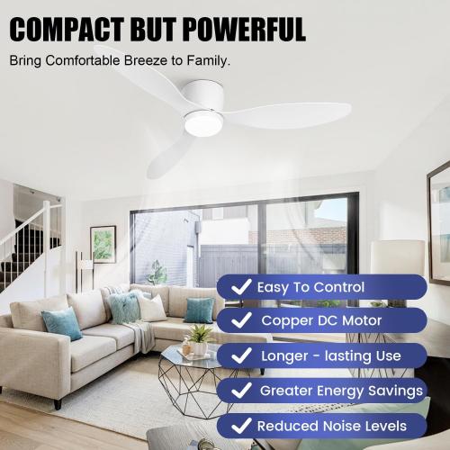 VACILL Low Profile Ceiling Fan with Light and Remote, 52 Inch Flush Mount White Ceiling Fan, Quiet Reversible DC Motor, 6 Speed, 3 Color Dimmable LED, 3 Blades for Bedroom Living Room