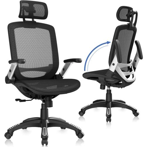 GABRYLLY Ergonomic Office Chair, High Back Home Desk Chair with Headrest, Flip-Up Arms, 90-120° Tilt Lock and Wide Cushion, Big and Tall Mesh Chairs for Man Woman, Black Task Chair