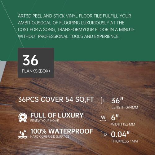 Peel and Stick Vinyl Flooring 36 Pack 54 Sq.Ft, Waterproof Vinyl Flooring Peel and Stick for Office, Living Room, Bathroom, Kitchen - Unique Design, Easy to Install Floor, Brown