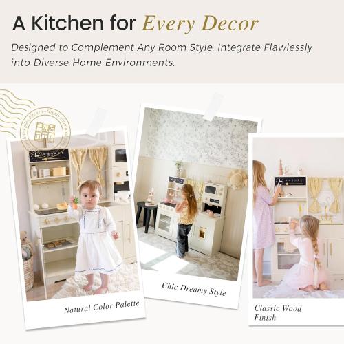 Tiny Land Play Kitchen for Kids, Toy Kitchen Set with Plenty of Play Features, New Modern Kids Wooden Play Kitchen Designed in Trendy Home Style with Curtains, Gift for Ages 3