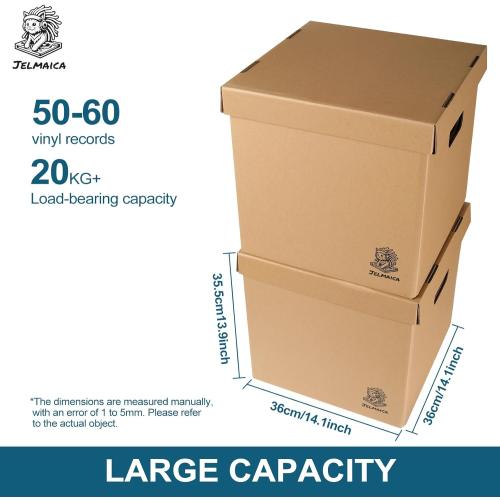 Vinyl Record Storage Box - Moving Box with Handles and Lids - Sturdy Cardboard Crate for Vinyl storage - Holds Up to 60 Records or LPs - Set of 4 Boxes (Kraft)