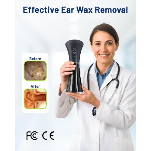 Upgraded Ear Wax Removal with One-Piece Waste Tank, Safe Cleaner with Water Temperature Sensor, Effective Ear Irrigation Kit & USB-A to C Cable, IPX7, Black