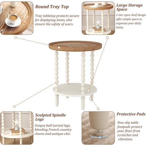 Function Home Round End Table, Farmhouse Side Table with Storage Shelf, 2 Tier Wooden Nightstand, 19.2” Accent Table for Living Room Bedroom Small Space, Natural Tray Top and Vintage White Spindle Leg
