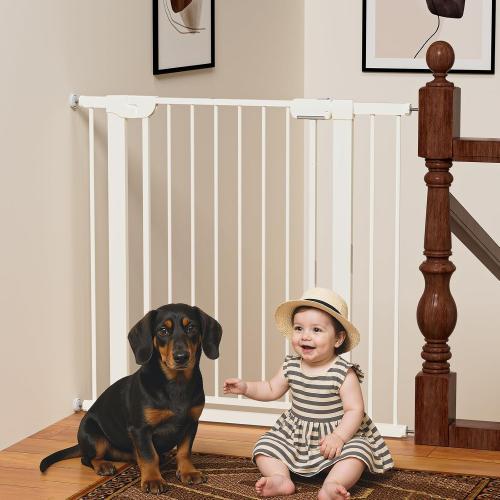 29.5-40.6 Baby Gate for Stairs, Baby Safety Essentials, Auto Close Gate for Doorways, Easy Install Pressure Mounted Dog Gate Indoor, Pet Gates for Dogs, White