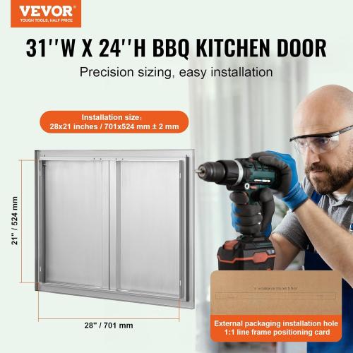 VEVOR BBQ Access Door - 31 W x 24 H Stainless Steel Flush Mount Vertical Door with Recessed Handles,for BBQ Island, Grilling Station, Outside Cabinet