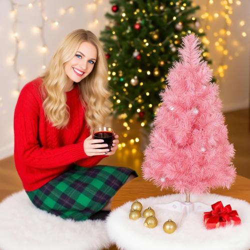 2ft Pink Artificial Christmas Tree,Mini Tabletop Xmas Pine Tree with 80 Branch Tips and Plastic Stand for Indoor and Outdoor Decoration