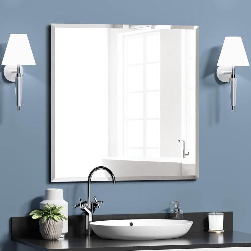 KOHROS Vanity Mirror Frameless Square Mirror, 24 x 24 Bathroom Wall Mirror w/Pencil Polished Edge, Anti-Rust, Tempered Glass, Hangs Horizontally or Vertically