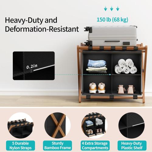Color Brown and Black Bamboo Luggage Rack with 4 Storage Compartments, Foldable Suitcase Stand for Guest Room, 150lbs Capacity, Sturdy, Space-Saving and Easy to Assemble Organizer