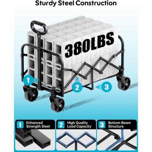 Black 15.7x17.7x9 Collapsible Wagon 380 lbs, Heavy Duty Wagons Carts Foldable, Shopping Cart with All-Terrain Wheels & 2 Drink Holders, Weatherproof, Wagon Cart for Home, Outdoor,Beach,Camping, Sports, Black