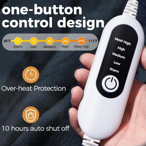 Electric Heated Blanket, Soft Flannel Fabric Heating Blanket Features 5-Level Temperature Adjustment Machine Washable ETL Certified Double-Sided Heating