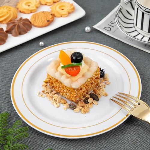 WELLIFE 240 Pcs Disposable Dessert Plates with Gold Plastic Forks, 120 White 6.5 Inch Appetizer Cake Salad Plates with Gold Rim, Party Tableware Set for 120 Guests, Wedding, Birthday, Catering