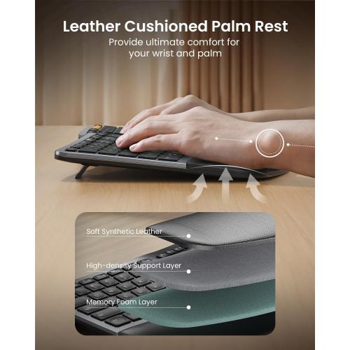 BLACK Backlit Bluetooth Ergonomic Keyboard, ProtoArc EK01 Plus Full Size Wireless Split Keyboard with Dual Bluetooth and USB, Cushioned Wrist Rest, Rechargeable for Windows/Mac/Android, Grey Black