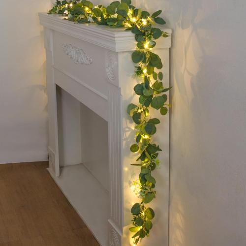 N&T NIETING 1 Pack Artificial Eucalyptus Garland with Lights, 6FT Artificial Greenery Garlands, Battery Operated Twig Vine for Room Stairs Mantle Wedding Holiday Easter Decoration Indoor Outdoor