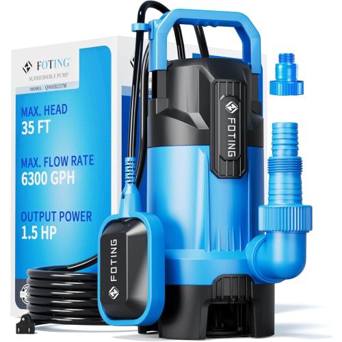 FOTING 1.5HP Sump Pump, 6300GPH High Flow Clean&Dirty Submersible Water Pump with Float Switch, Thermoplastic Electric Portable Utility Pump for Pool Draining Hot Tub Garden Basement