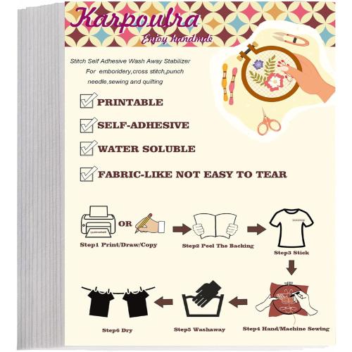 Karpoulra 6 Sheets 8.5x11 Sticky Water Soluble Embroidery Stabilizer, Dissolvable Printable Self Adhesive Wash Away Stabilizer for Print or Draw Patterns Hand Machine Embroidery