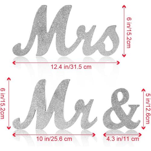 Adeeing Vintage Style Silver Glitter Mr and Mrs Signs for Wedding Sweetheart Table, Wooden Freestanding Letters, Photo Props, Rustic Decoration, Anniversary Shower