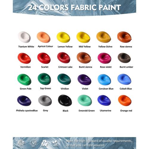 Colorful Fabric Paint Set for Clothes 24 Colors - Permanent Textile Paint Kit for Shoes, Canvas - Non-Toxic Slick Painting Set for Adults, Beginner & Artists