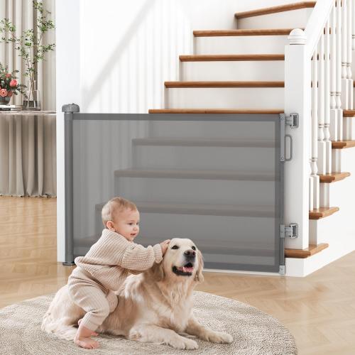 Retractable Baby Gate for Stairs, 55 Wide Mesh Dog Gate Indoor, 34'' Tall Child Gate for Doorways, Hallways, Deck, Indoor Outdoor Pet Baby Safety Essentials for Home, Grey