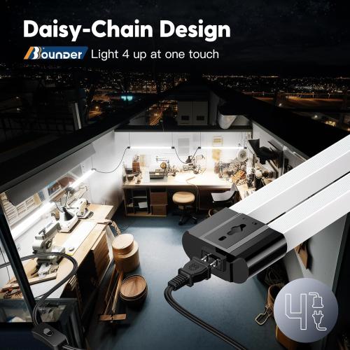 BBOUNDER 4 Pack Linkable LED Utility Shop Light, 4400 LM, Super Bright 6500K Cool Daylight, 4 FT Integrated Fixture for Garage, 40W Equivalent 250W, Surface   Suspension Mount, Black