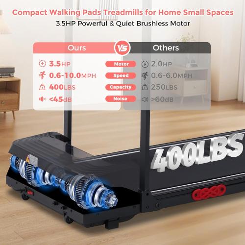 Walking Pad with Handle Bar, 3.5HP Electric Portable Walking Pad Treadmill with Handles, 0.6-10MPH Running Treadmill with Handles for Home Small, Big Screen, 400LBS Capacity