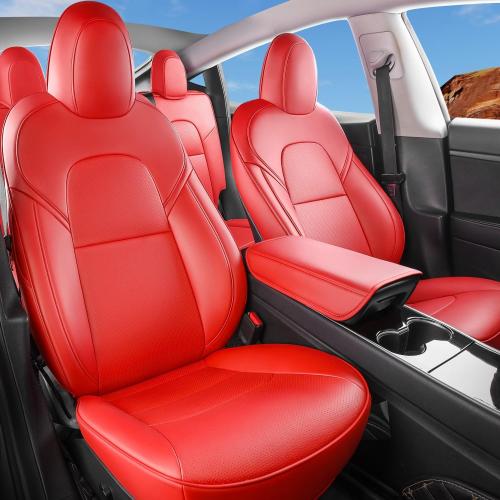 Tesla Model Y Car Seat Covers Nappa Leather Car Interior Seat Airbag Compatible Cushion Cover Full Set Custom Fit 2024 2023 2022 2021 2020, Nappa Bright Red