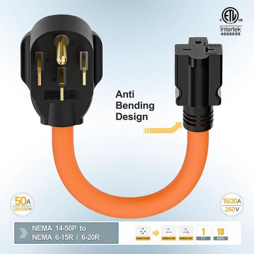 Orange STW Heavy Duty Nema 14-50P 50-AMP Plug Male to 6-20R/6-15R T-Blade Adapter, 4-Prong 250V to 20A 250V 6-20/15R Adapter, 14-50 to 6-20R EV Dryer Adapter