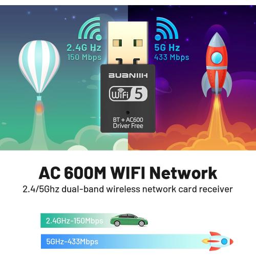 WiFi Adapter for Desktop PC,USB WiFi Adapter,Bluetooth&WiFi 2-in-1,Dual Band 600Mbps 2.4/5.8Ghz Wireless Network,Plug and Play, for PC/Laptop/Desktop,Support Win7/8/8.1/10/11