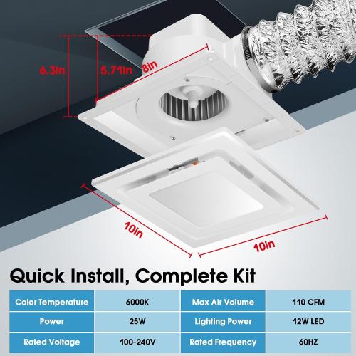 FEITON 110 CFM Bathroom Exhaust Fan with LED Light, 1.0 Sones Ultra Quiet