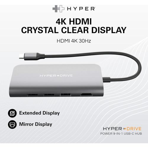 HyperDrive USB C Hub - 9-in-1 USB Hub for Laptop w/ 4K HDMI, Ethernet, 3.0 USB-A, USB C PD, MicroSD/SD, Audio Jack - Compatible with iPad, MacBook, Chromebook, Windows - Space Gray
