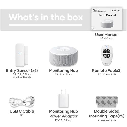 tolviviov WiFi Smart Door/Window Alarm System 8-Piece Kit – App Alerts, Compatible with Alexa, No Monthly Fee, Expandable DIY Wireless Home Security, 1 Siren, 5 Sensors & 2 Remotes (8 Pack)
