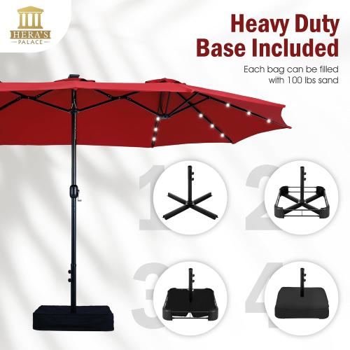 Size 15ft Patio Umbrella with Base Included Double Sided Outdoor Umbrella for Patio Table Umbrella Outdoor 36 LED Solar Lights for Garden