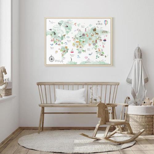 Green Kids World Map Wall Art Animal Map Canvas Art Nursery Wall Decor World Map Poster Childrens Room Decor Playroom Prints Educational Artwork 16x24 Inch framed