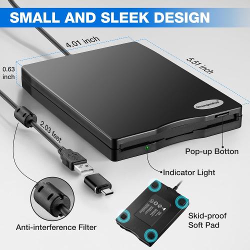 Floppy Disk Reader, 3.5 inch 1.44mb External USB Type A/C Floppy Disk Drive for PC, Laptop and Desktop Compatible with Windows 11/10/8/7/2000/XP, Not Compatible With Mac and Chrome, Black
