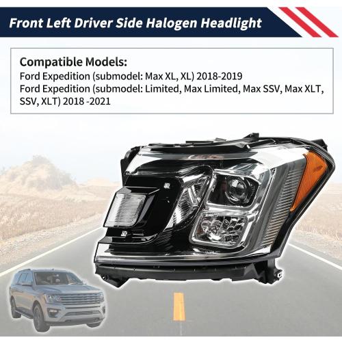Halogen Headlight w/Bulbs Front Left Driver Side Headlamp Assembly JL1Z-13008-J JL1Z13008J FO2502370 Compatible with Ford Expedition XLT Limited 2018-2021