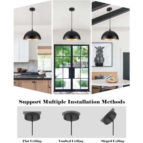 Black Pendant Lights Kitchen Island 2 Pack, 14 Inch Large Dome Pendant Light, Black and Gold Farmhouse Pendant Light, Island Pendant Lights for Kitchen, Dining Room