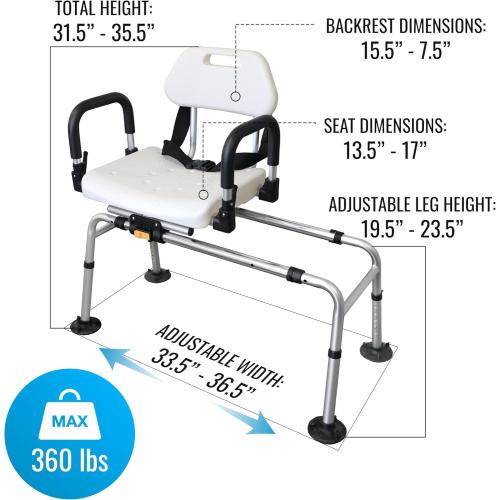DMI 360 Max Comfort Swivel Shower Chair & Transfer Bench, Extra-Wide 360lb Capacity, Non-Slip & Padded Arms, Bonus Adjustable Back Scrubber