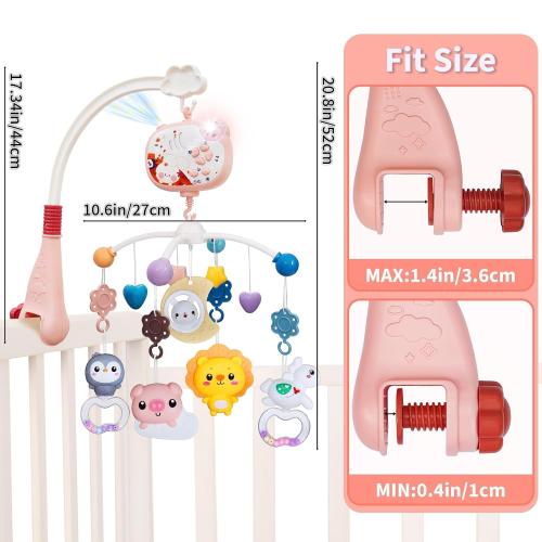 Baby Mobiles for Cribs, Crib Mobile with Music and Lights, Nursery Musical Mobile for Bassinets Hanging Toys with Remote Control, Rotation, Projection, Animal Mobile Arm Clip On for Infant Boys Girls