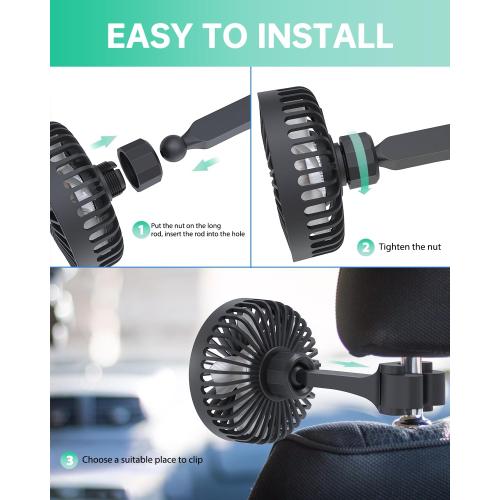 TriPole Car Fan for Rear Seat USB Powered Powerful 3 Speed 5V Fan with Adjustable Clip for Vehicles SUV RV