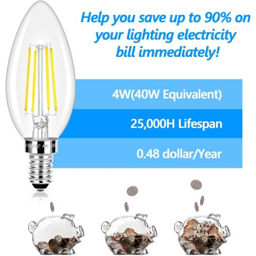 Pack of 4 LED Candle Bulbs 40W Equivalent Dimmable, E12 Candelabra Light Bulbs 4W 470Lm Clear Edison LED Bulb, Daylight White 6000K B11 Classic Bright Filament Bulb, Decorative Lights for Lamps,