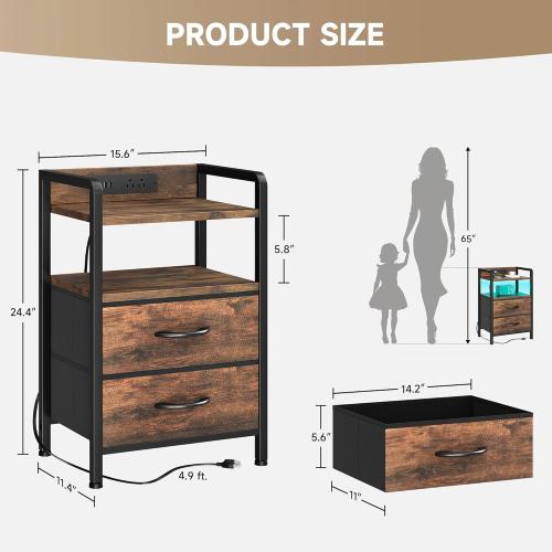 Night Stand Bedside Table Bedroom - Nightstand with Charging Station, Night Stand with LED Light Strip, End Table with U-S-B Ports & AC Outlets, Storage Shelf & 2 Fabric Drawers, Rustic Brown