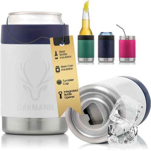 OAKMANN Beer Cozy with Bottle Opener, Insulated Can Cooler 12 oz Bottle Holder, 4 in 1 Stainless Steel Insulator, Universal Can Coozie for Cans Bottles, Ultimate Beer Gifts - White