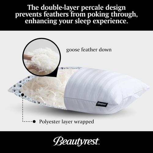 Beautyrest Luxury Goose Feathers Soft Pillows, 500 Thread Count Cover 20”x28”, Queen (Pack of 2), Supportive Fluffy Hotel Collection Bed Pillows for Side and Back Sleepers