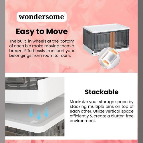 Wondersome Collapsible Storage Bins - 3-Pack of Large 8.5-Gallon/33.8-Quart Stackable Wheeled Clothing, Shoe, Bedroom, Office Organizer - Foldable Containers and Assembles in Second - US-Based Brand
