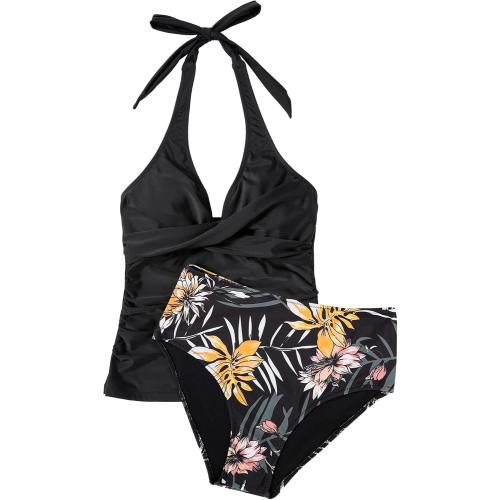 Women Sexy Halter Tankini Bathing Suit Slimming Tummy Control Swimsuit (L)